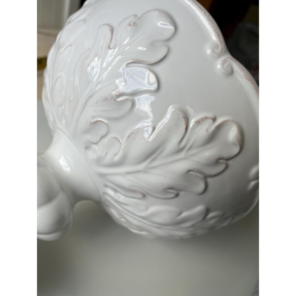 White Ceramic Pedestal Compote raised leaf design French Provincial Isaac - Picture 6 of 7